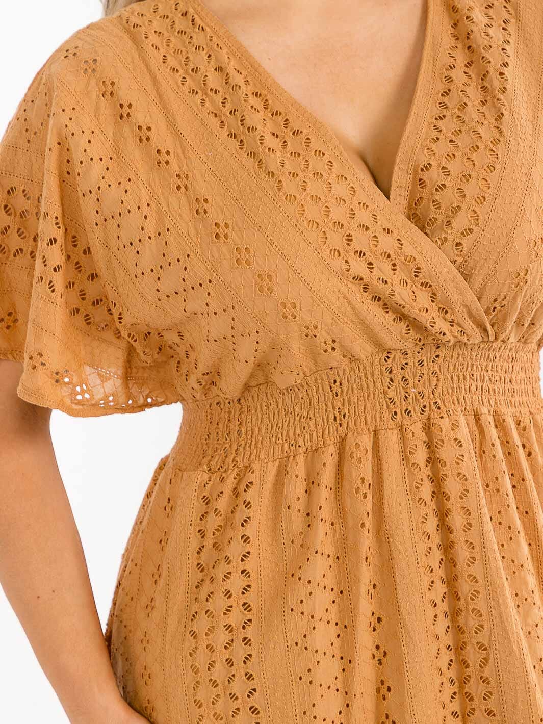 PLUS SIZE SHORT SLEEVE SURPLICE SMOCK WAIST EYELET MIDI DRESS