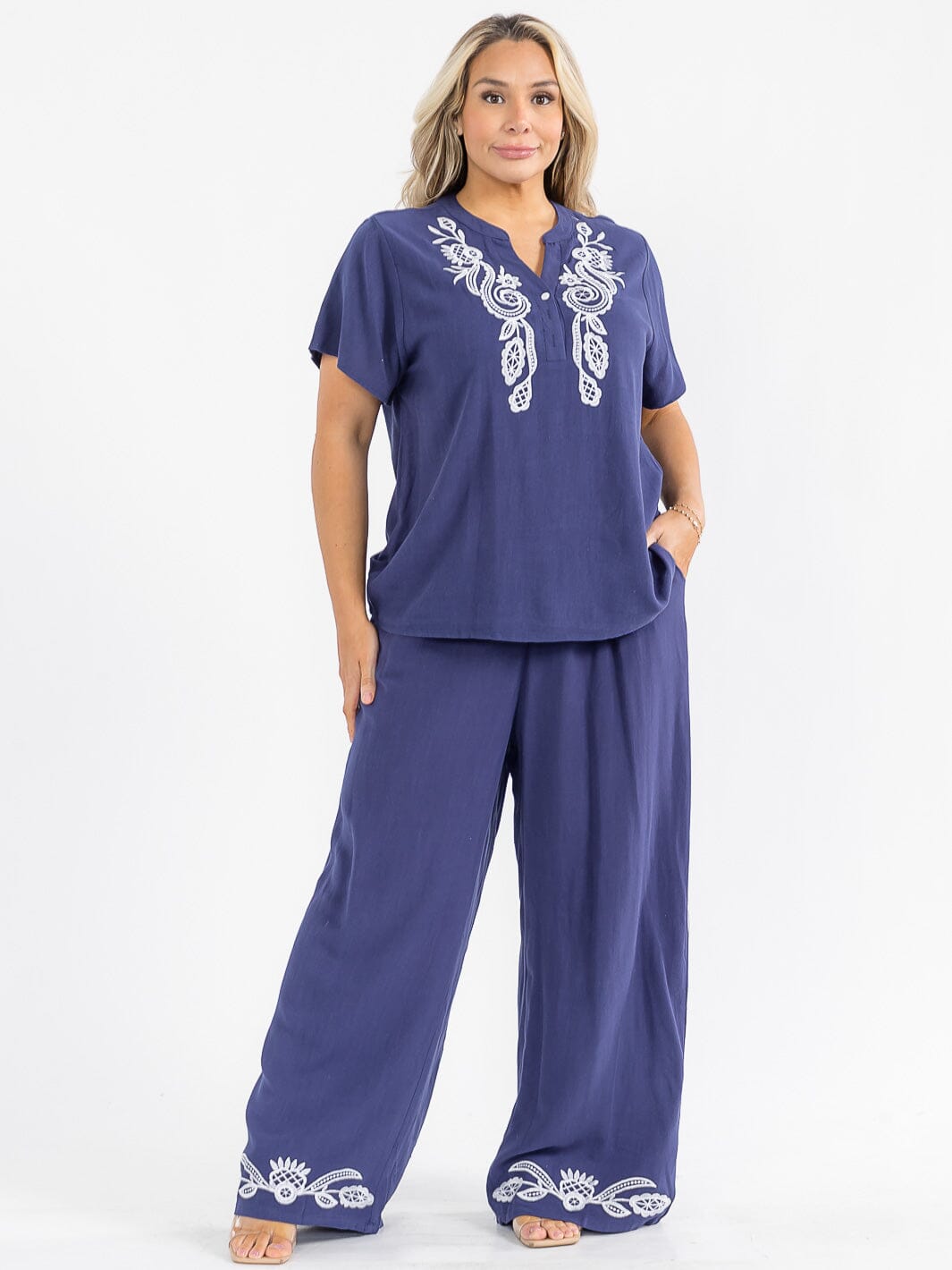 PLUS SIZE SHORT SLEEVE BLOUSE & ELASTIC WAIST PANTS EMBROIDERY LINEN 2PC. SET