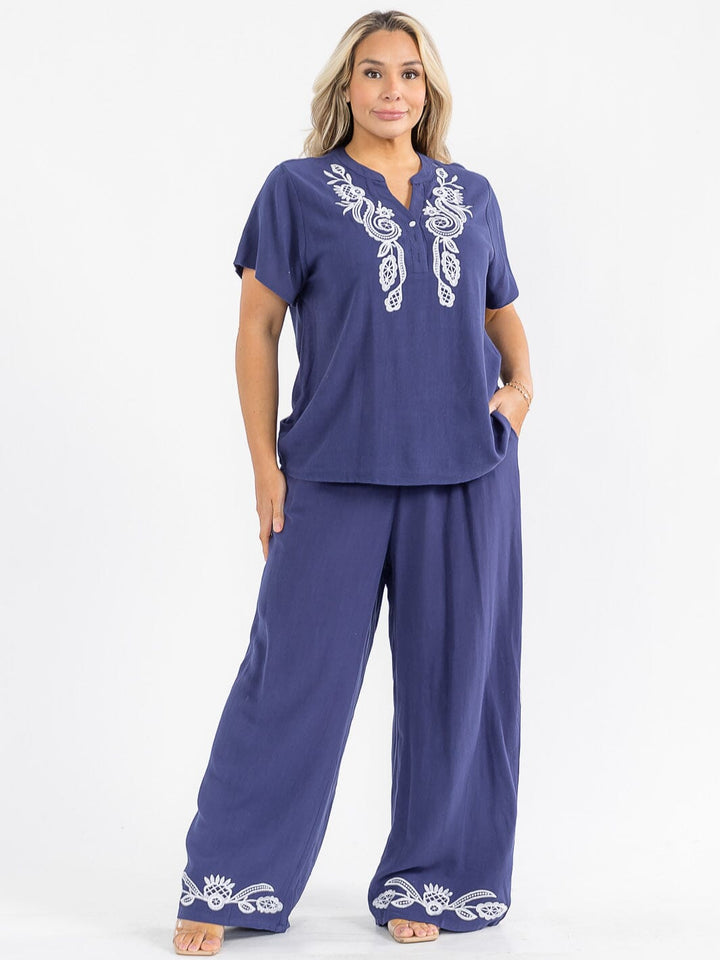 PLUS SIZE SHORT SLEEVE BLOUSE & ELASTIC WAIST PANTS EMBROIDERY LINEN 2PC. SET