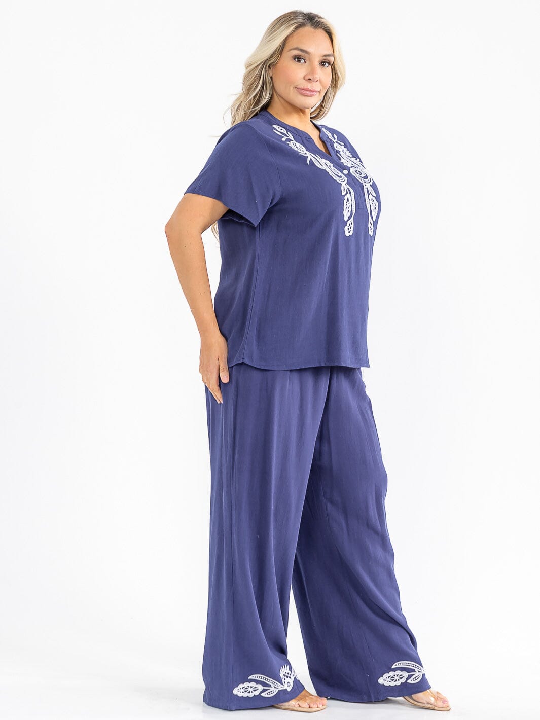 PLUS SIZE SHORT SLEEVE BLOUSE & ELASTIC WAIST PANTS EMBROIDERY LINEN 2PC. SET