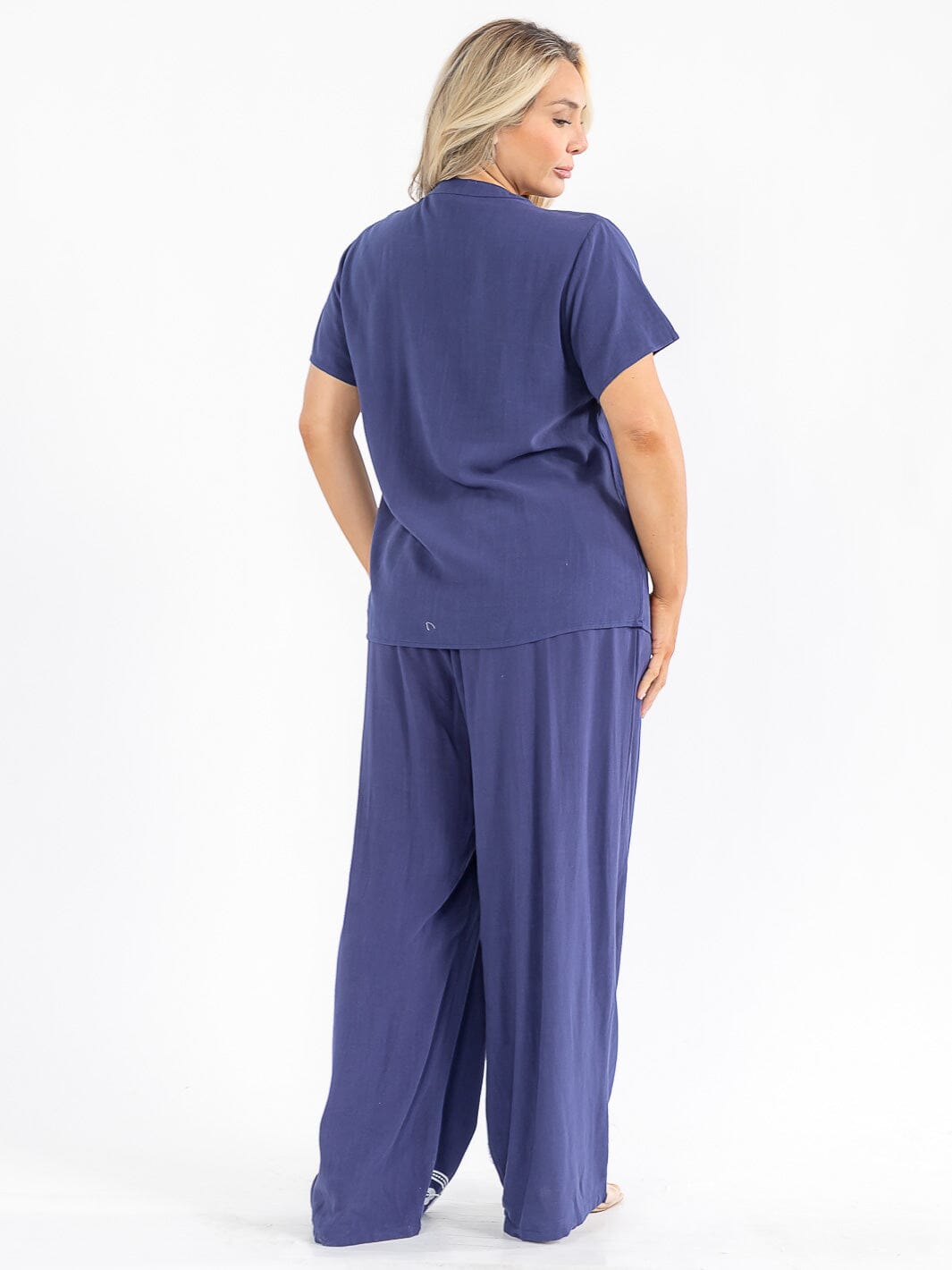 PLUS SIZE SHORT SLEEVE BLOUSE & ELASTIC WAIST PANTS EMBROIDERY LINEN 2PC. SET