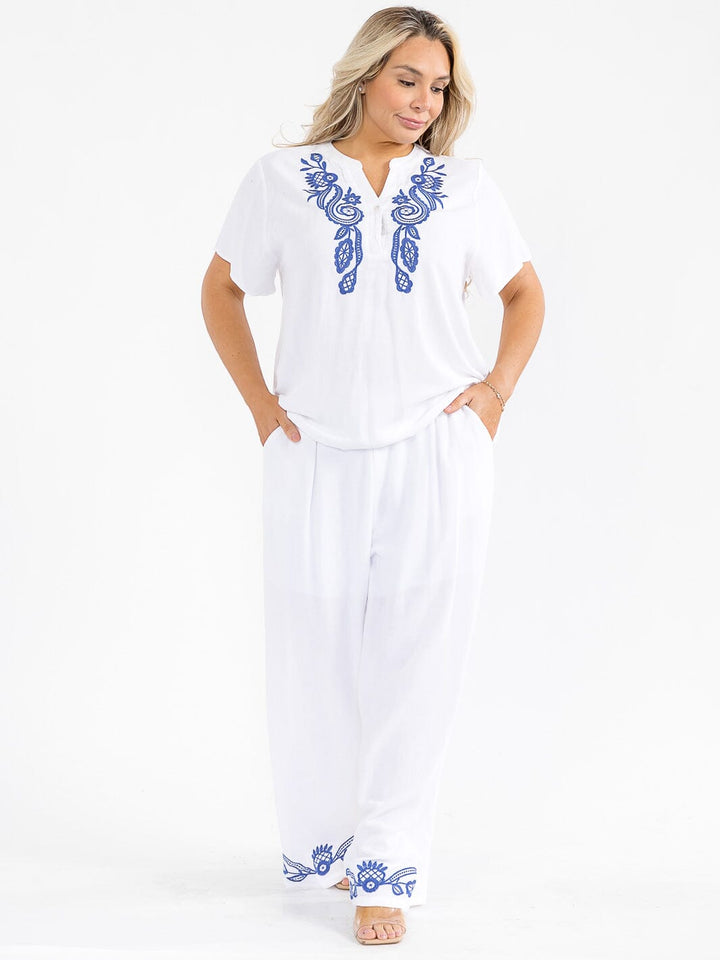 PLUS SIZE SHORT SLEEVE BLOUSE & ELASTIC WAIST PANTS EMBROIDERY LINEN 2PC. SET