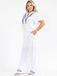 PLUS SIZE SHORT SLEEVE BLOUSE & ELASTIC WAIST PANTS EMBROIDERY LINEN 2PC. SET