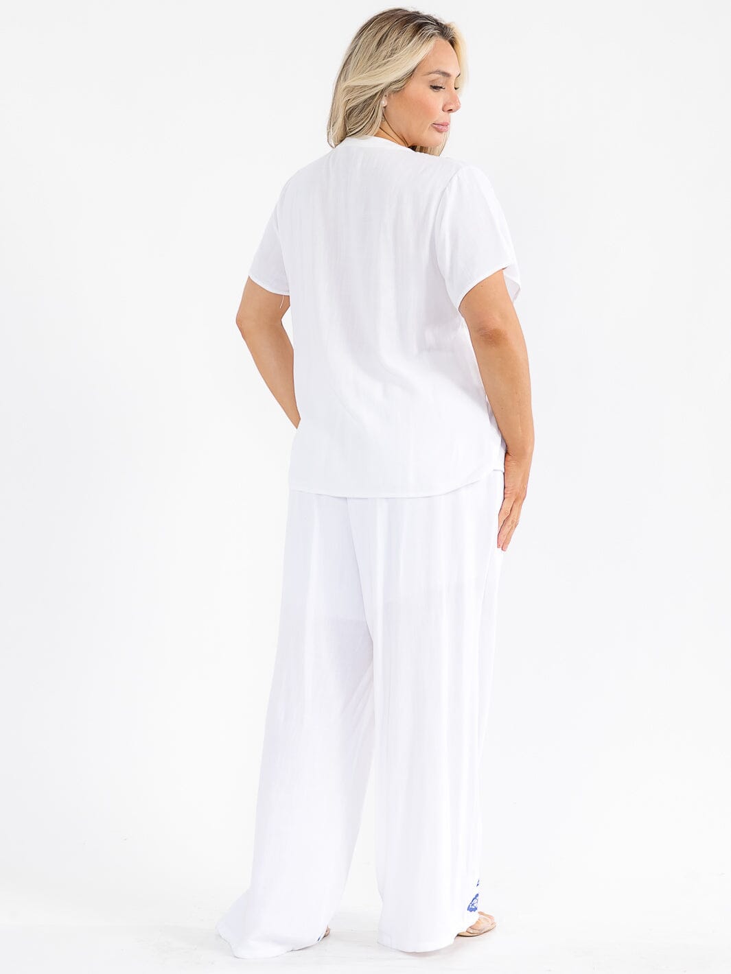 PLUS SIZE SHORT SLEEVE BLOUSE & ELASTIC WAIST PANTS EMBROIDERY LINEN 2PC. SET