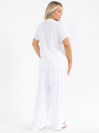 PLUS SIZE SHORT SLEEVE BLOUSE & ELASTIC WAIST PANTS EMBROIDERY LINEN 2PC. SET