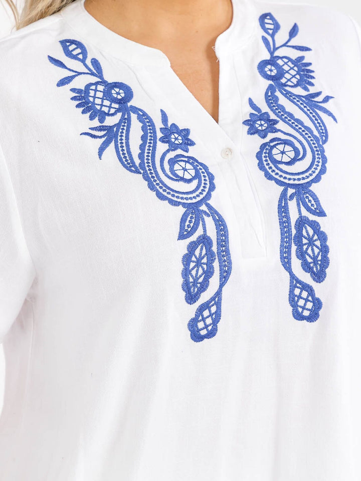 PLUS SIZE SHORT SLEEVE BLOUSE & ELASTIC WAIST PANTS EMBROIDERY LINEN 2PC. SET