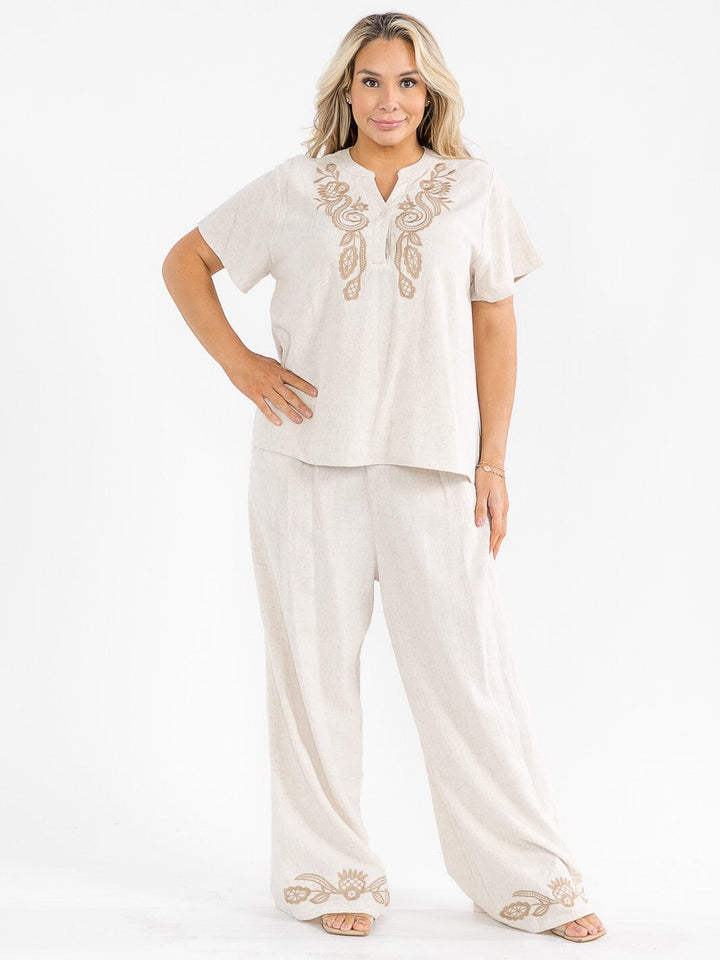 PLUS SIZE SHORT SLEEVE BLOUSE & ELASTIC WAIST PANTS EMBROIDERY LINEN 2PC. SET