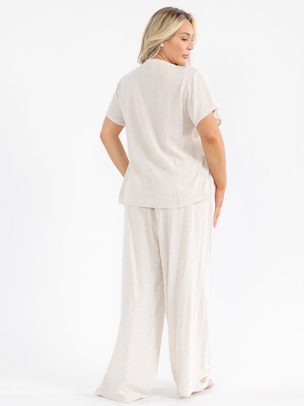 PLUS SIZE SHORT SLEEVE BLOUSE & ELASTIC WAIST PANTS EMBROIDERY LINEN 2PC. SET