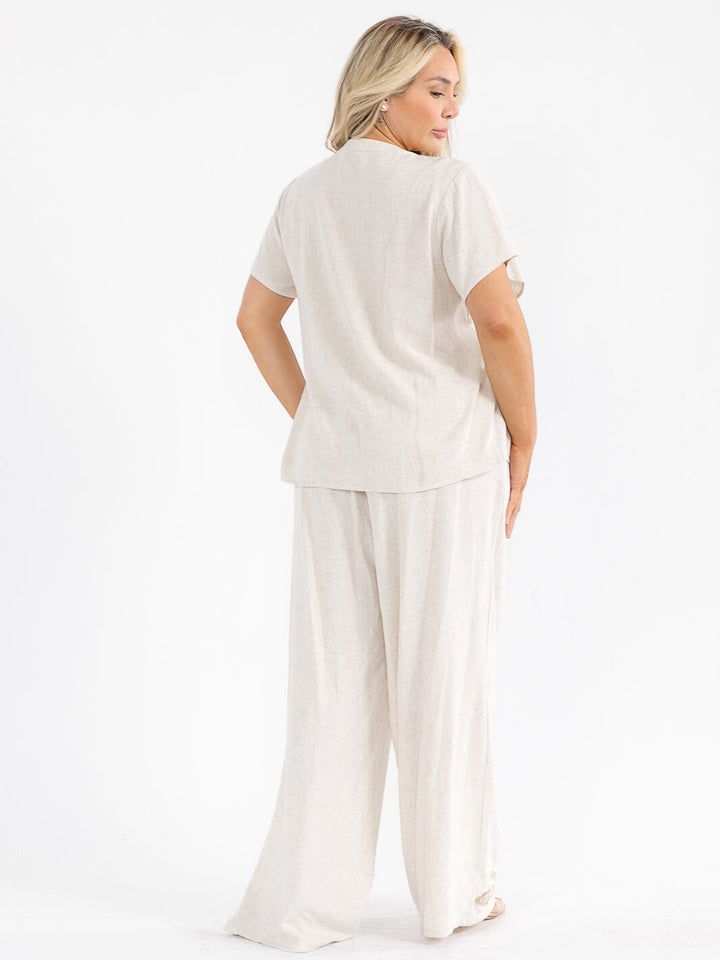 PLUS SIZE SHORT SLEEVE BLOUSE & ELASTIC WAIST PANTS EMBROIDERY LINEN 2PC. SET
