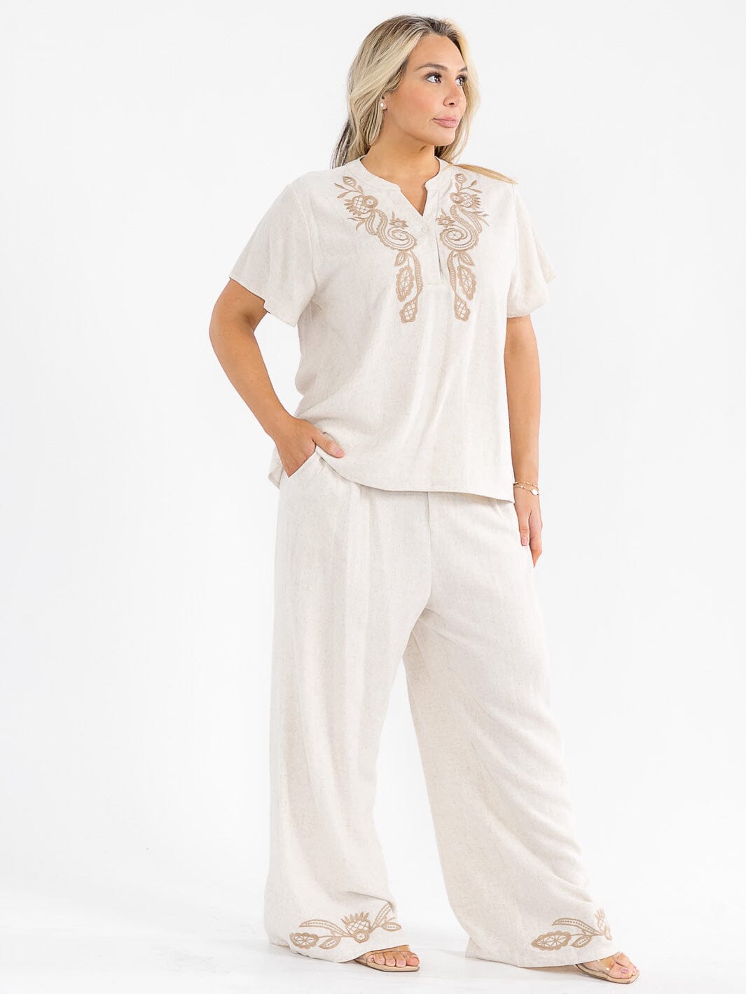 PLUS SIZE SHORT SLEEVE BLOUSE & ELASTIC WAIST PANTS EMBROIDERY LINEN 2PC. SET