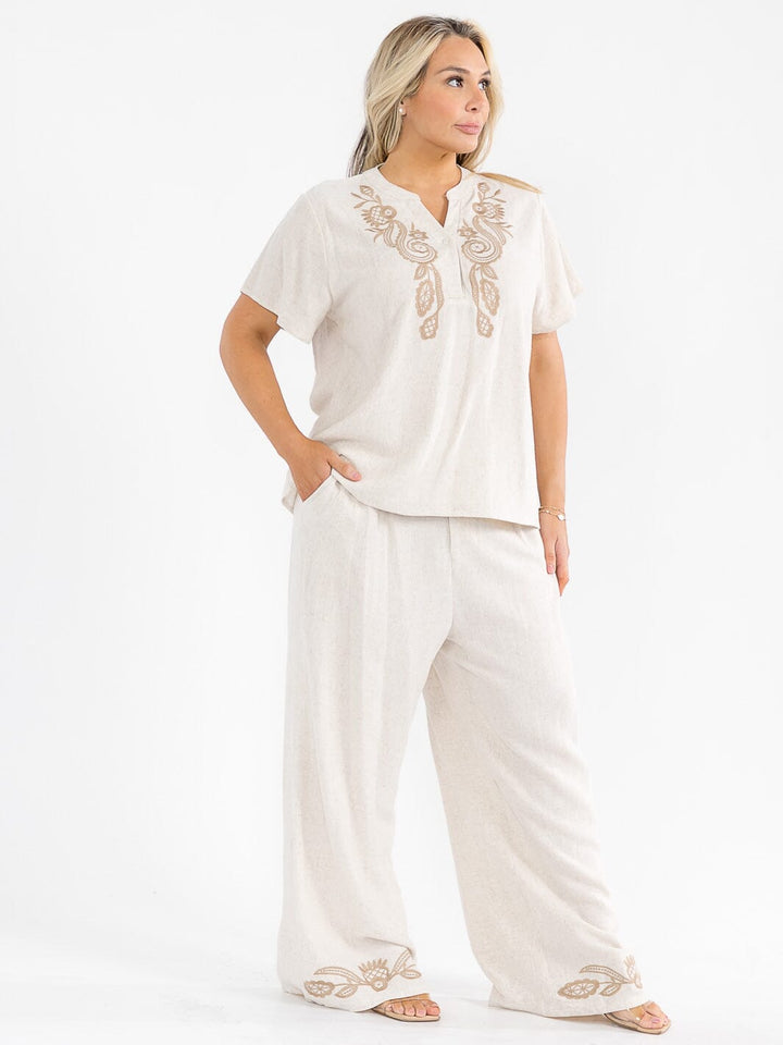 PLUS SIZE SHORT SLEEVE BLOUSE & ELASTIC WAIST PANTS EMBROIDERY LINEN 2PC. SET