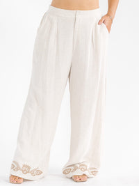 PLUS SIZE SHORT SLEEVE BLOUSE & ELASTIC WAIST PANTS EMBROIDERY LINEN 2PC. SET