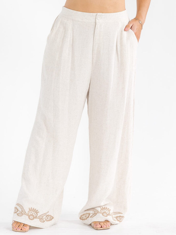 PLUS SIZE SHORT SLEEVE BLOUSE & ELASTIC WAIST PANTS EMBROIDERY LINEN 2PC. SET