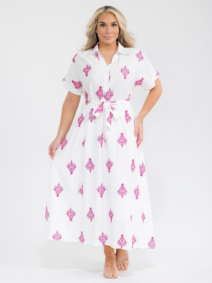 PLUS SIZE SHORT SLEEVE BUTTON UP SELF TIE EMBROIDERY MAXI DRESS
