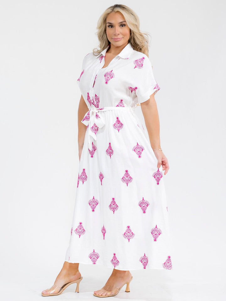 PLUS SIZE SHORT SLEEVE BUTTON UP SELF TIE EMBROIDERY MAXI DRESS