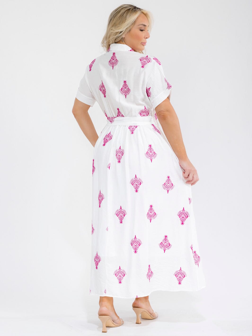 PLUS SIZE SHORT SLEEVE BUTTON UP SELF TIE EMBROIDERY MAXI DRESS