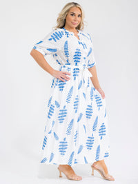 PLUS SIZE SHORT SLEEVE BUTTON UP SELF TIE ELASTIC WAIST EMBROIDERY MAXI DRESS
