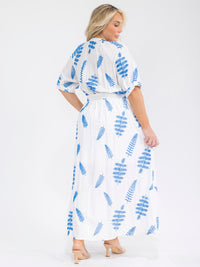 PLUS SIZE SHORT SLEEVE BUTTON UP SELF TIE ELASTIC WAIST EMBROIDERY MAXI DRESS