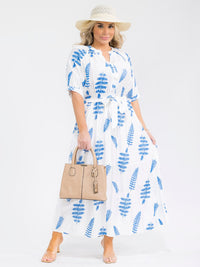 PLUS SIZE SHORT SLEEVE BUTTON UP SELF TIE ELASTIC WAIST EMBROIDERY MAXI DRESS