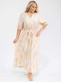 PLUS SIZE SHORT SLEEVE BUTTON UP SELF TIE ELASTIC WAIST EMBROIDERY MAXI DRESS