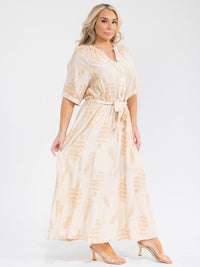 PLUS SIZE SHORT SLEEVE BUTTON UP SELF TIE ELASTIC WAIST EMBROIDERY MAXI DRESS