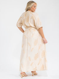 PLUS SIZE SHORT SLEEVE BUTTON UP SELF TIE ELASTIC WAIST EMBROIDERY MAXI DRESS