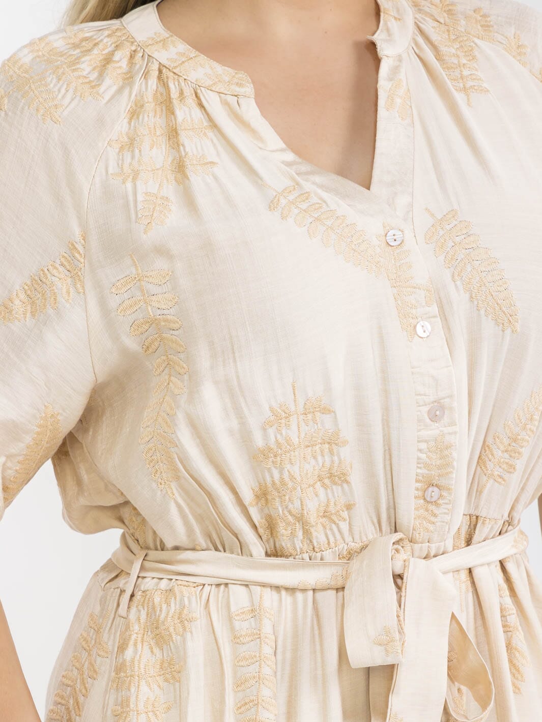 PLUS SIZE SHORT SLEEVE BUTTON UP SELF TIE ELASTIC WAIST EMBROIDERY MAXI DRESS