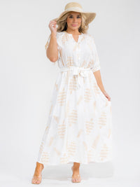 PLUS SIZE SHORT SLEEVE BUTTON UP SELF TIE ELASTIC WAIST EMBROIDERY MAXI DRESS