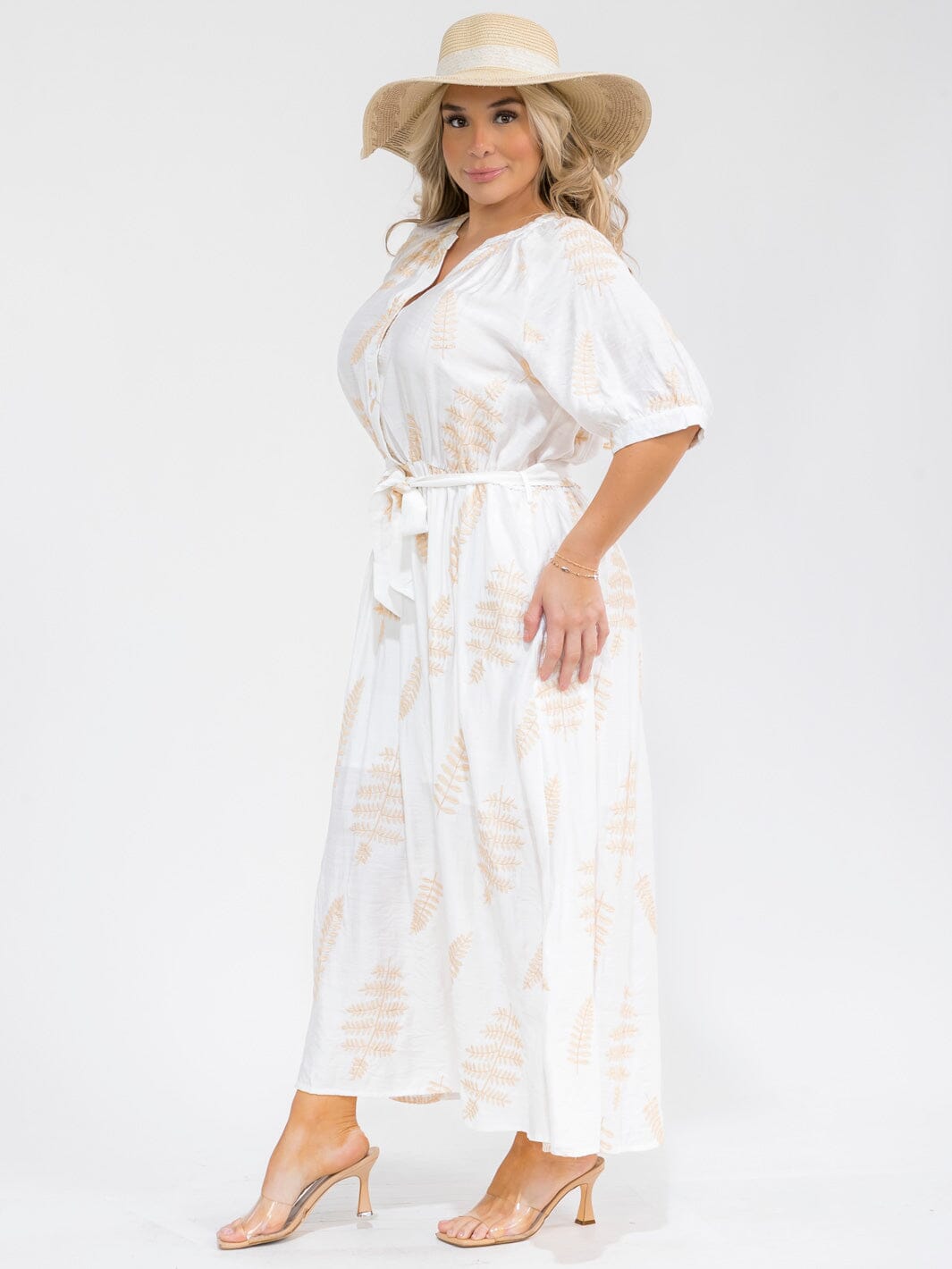 PLUS SIZE SHORT SLEEVE BUTTON UP SELF TIE ELASTIC WAIST EMBROIDERY MAXI DRESS