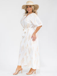 PLUS SIZE SHORT SLEEVE BUTTON UP SELF TIE ELASTIC WAIST EMBROIDERY MAXI DRESS