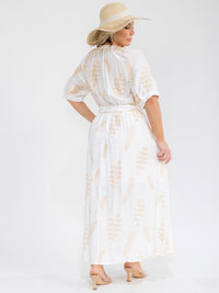 PLUS SIZE SHORT SLEEVE BUTTON UP SELF TIE ELASTIC WAIST EMBROIDERY MAXI DRESS