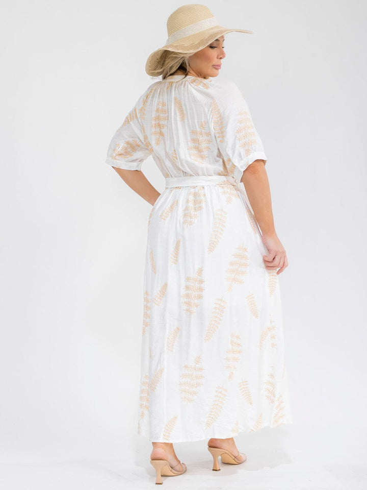 PLUS SIZE SHORT SLEEVE BUTTON UP SELF TIE ELASTIC WAIST EMBROIDERY MAXI DRESS