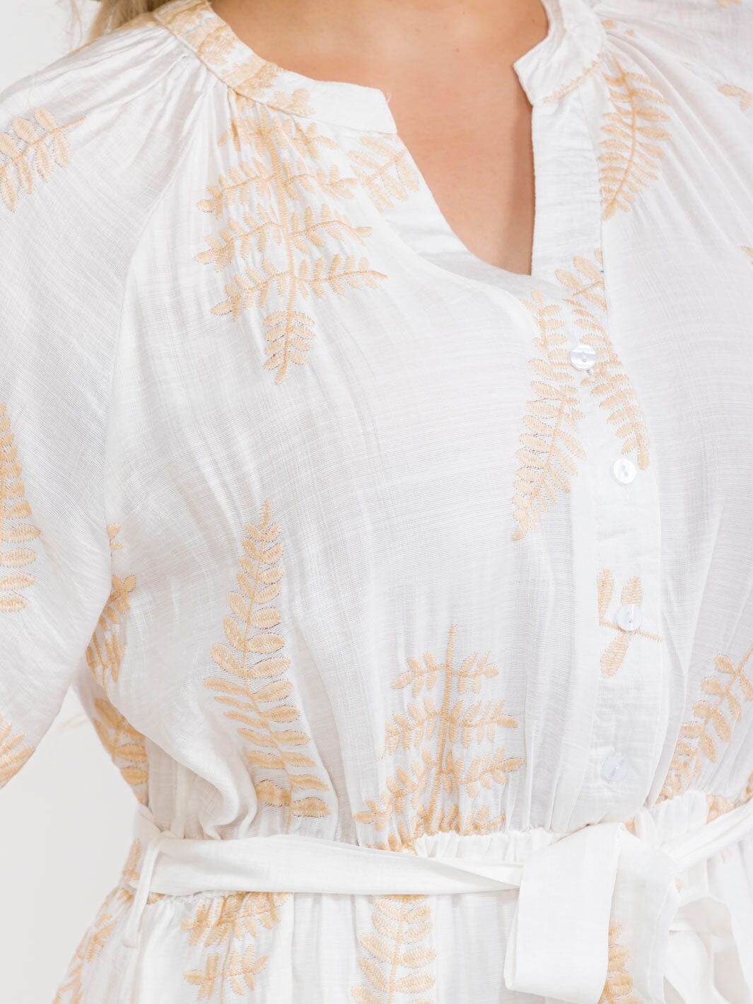 PLUS SIZE SHORT SLEEVE BUTTON UP SELF TIE ELASTIC WAIST EMBROIDERY MAXI DRESS