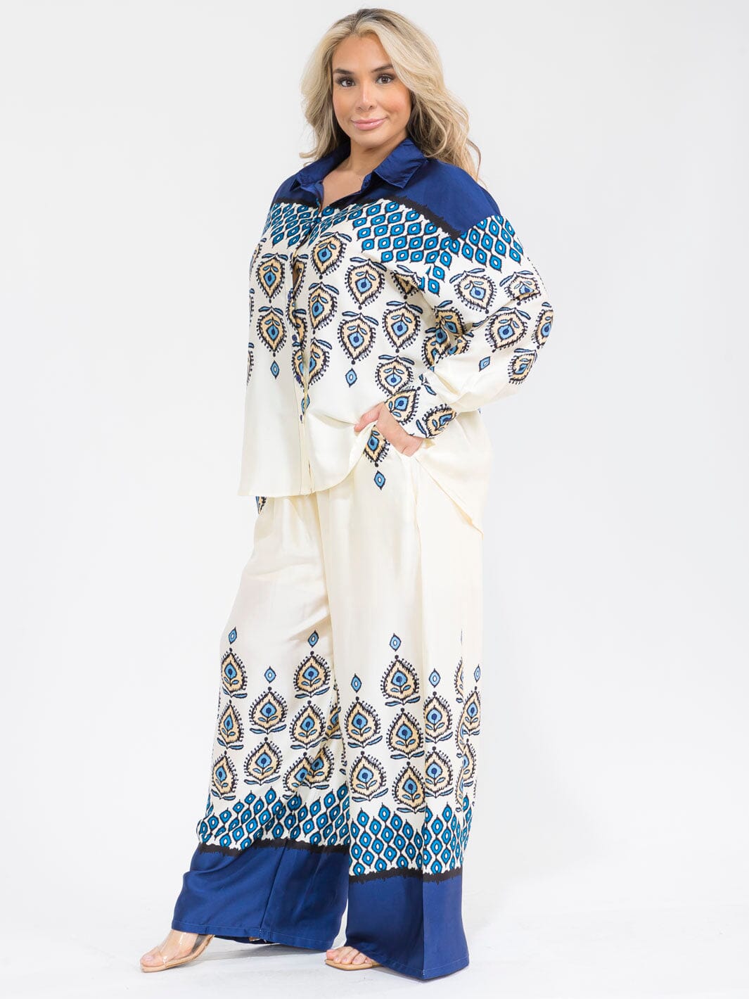 PLUS SIZE LONG SLEEVE BLOUSE & ELASTIC WAIST PANTS MULTI PRINT 2PC. SET