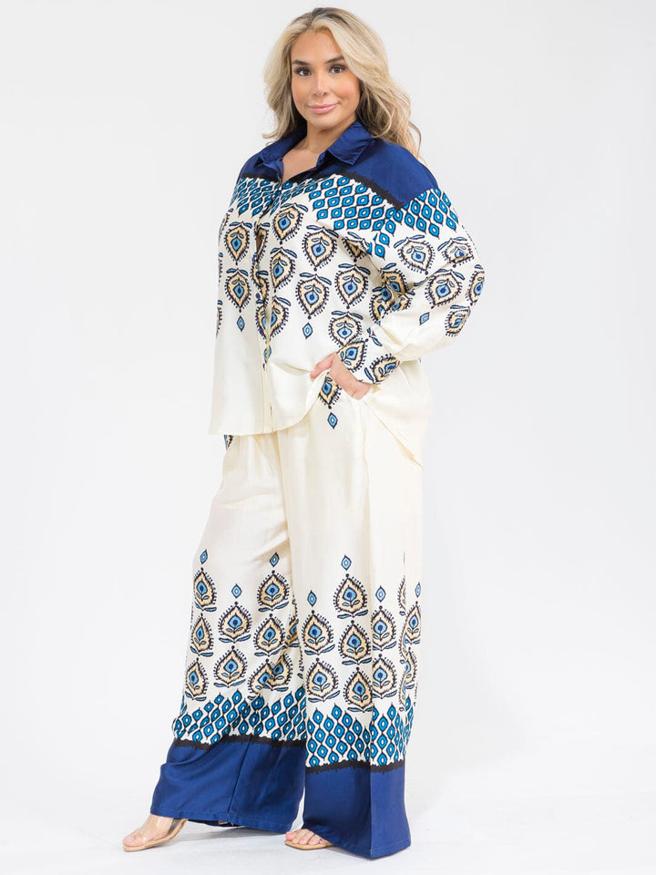 PLUS SIZE LONG SLEEVE BLOUSE & ELASTIC WAIST PANTS MULTI PRINT 2PC. SET
