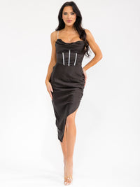 WOMEN'S SLEEVELESS HIGH-LOW SIDE SLIT STUDS DETAILED BODYCON MIDI DRESS