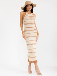 WOMEN'S SLEEVELESS HALTER NECK OPEN BACK BODYCON KNITTED MAXI DRESS