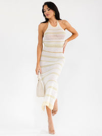 WOMEN'S SLEEVELESS HALTER NECK OPEN BACK BODYCON KNITTED MAXI DRESS