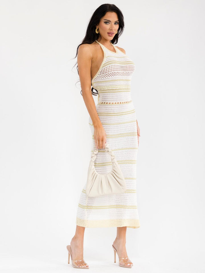 WOMEN'S SLEEVELESS HALTER NECK OPEN BACK BODYCON KNITTED MAXI DRESS