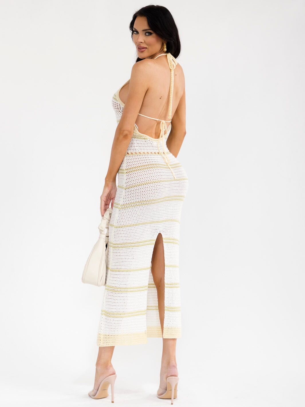 WOMEN'S SLEEVELESS HALTER NECK OPEN BACK BODYCON KNITTED MAXI DRESS