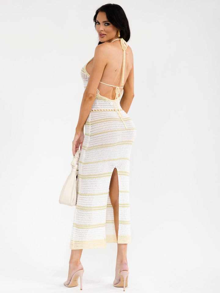 WOMEN'S SLEEVELESS HALTER NECK OPEN BACK BODYCON KNITTED MAXI DRESS