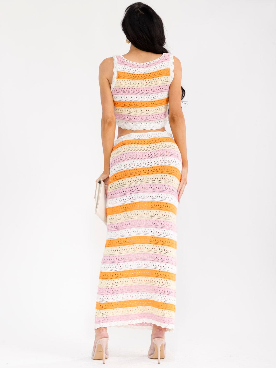 WOMEN'S FRONT TIE CROP TOP & ADJUSTABLE WAIST MAXI SKIRT COLORBLOCK KNIT 2PC. SET