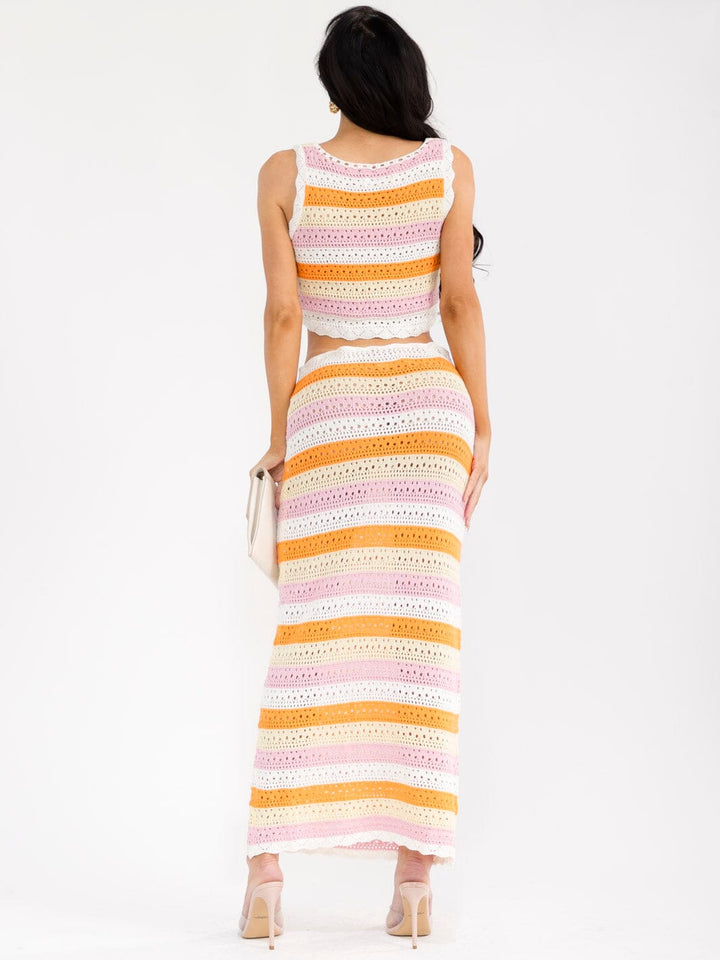 WOMEN'S FRONT TIE CROP TOP & ADJUSTABLE WAIST MAXI SKIRT COLORBLOCK KNIT 2PC. SET