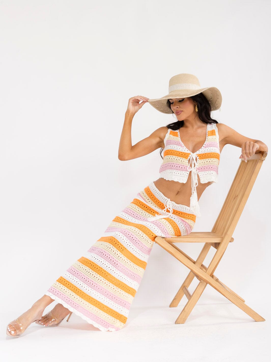 WOMEN'S FRONT TIE CROP TOP & ADJUSTABLE WAIST MAXI SKIRT COLORBLOCK KNIT 2PC. SET