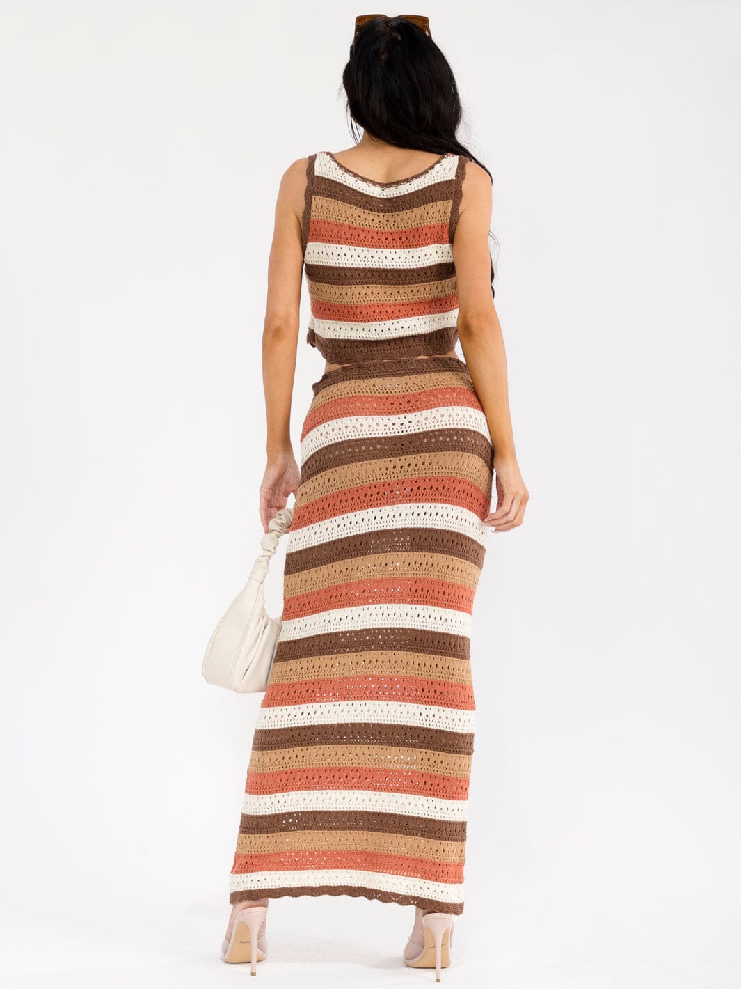 WOMEN'S FRONT TIE CROP TOP & ADJUSTABLE WAIST MAXI SKIRT COLORBLOCK KNIT 2PC. SET