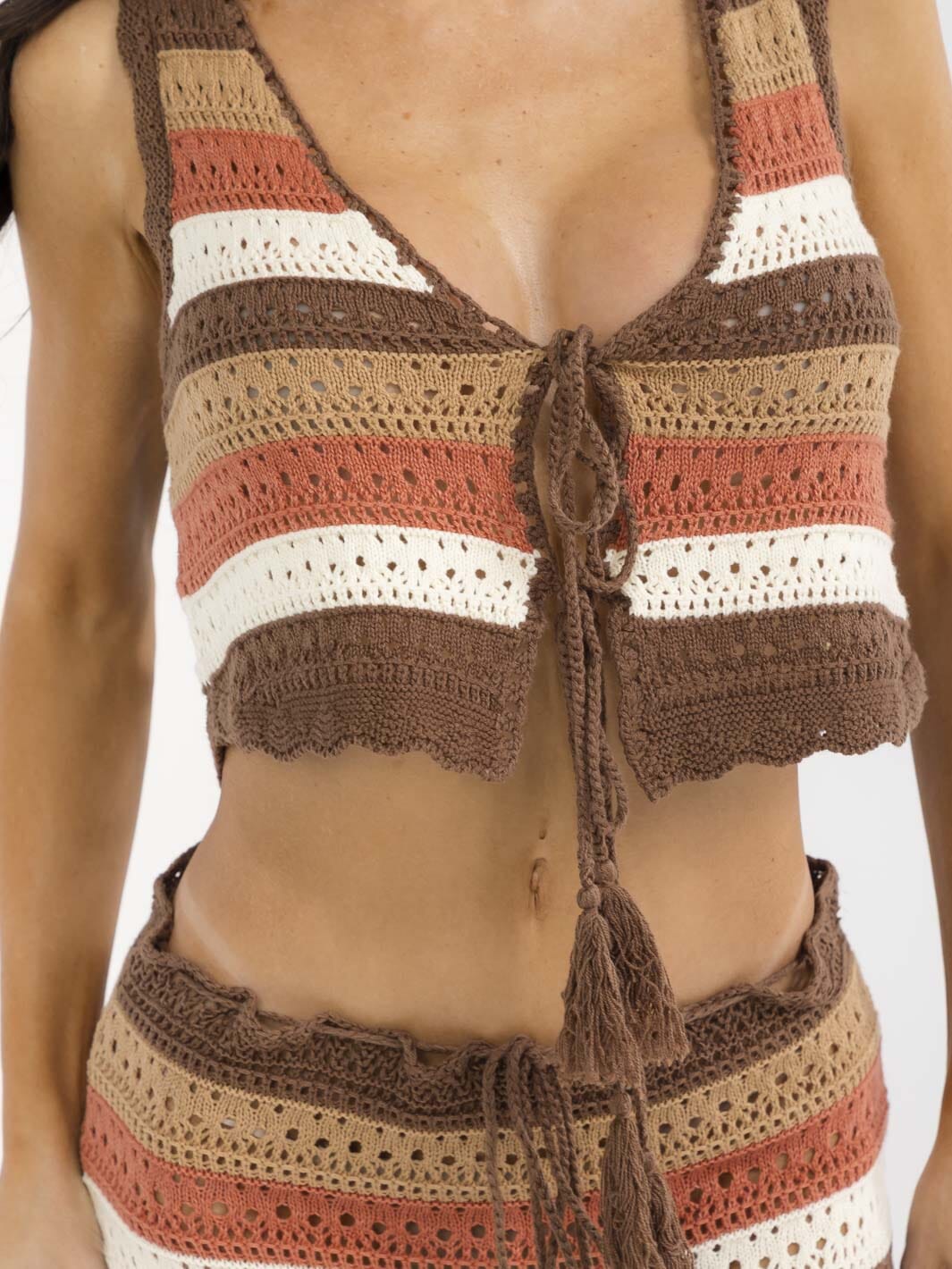 WOMEN'S FRONT TIE CROP TOP & ADJUSTABLE WAIST MAXI SKIRT COLORBLOCK KNIT 2PC. SET