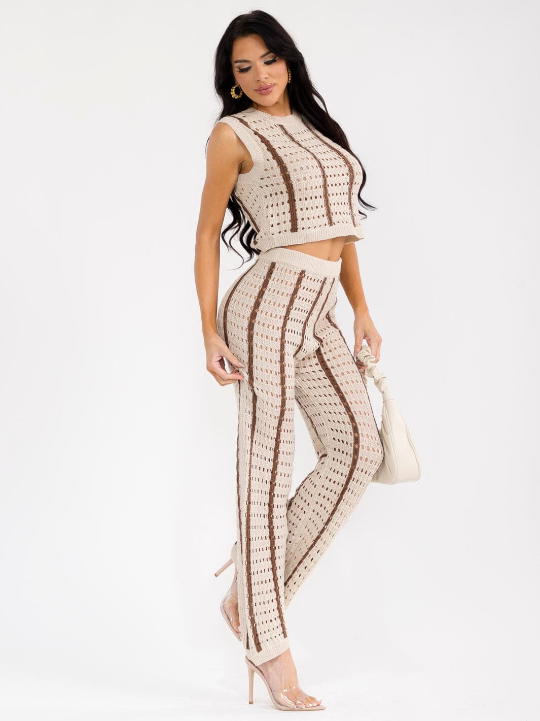 WOMEN'S SLEEVELESS CROP TOP & ELASTIC WAIST PANTS COLORBLOCK KNIT 2PC. SET