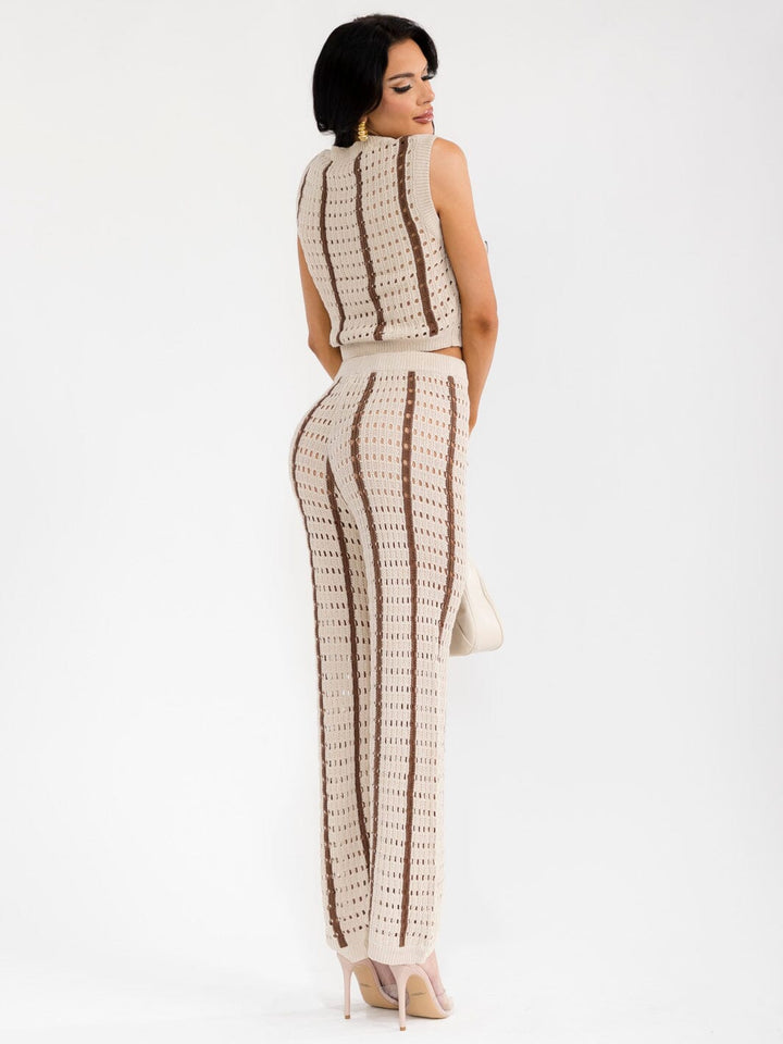 WOMEN'S SLEEVELESS CROP TOP & ELASTIC WAIST PANTS COLORBLOCK KNIT 2PC. SET
