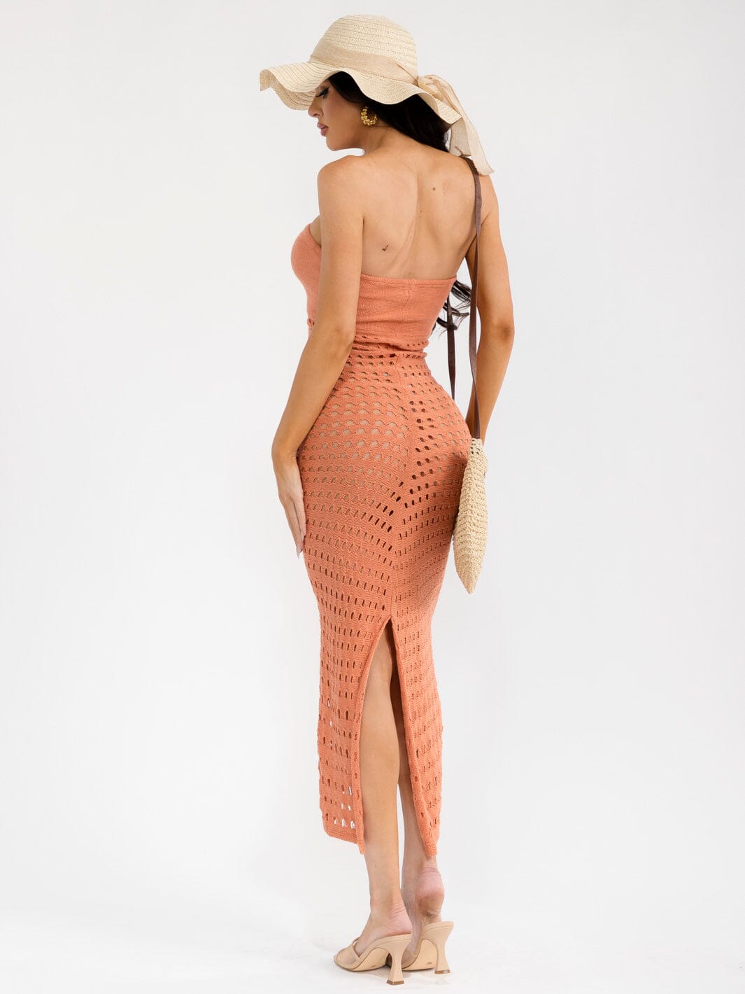 WOMEN'S SLEEVELESS BACK SLIT BODYCON KNITTED TUBE MAXI DRESS