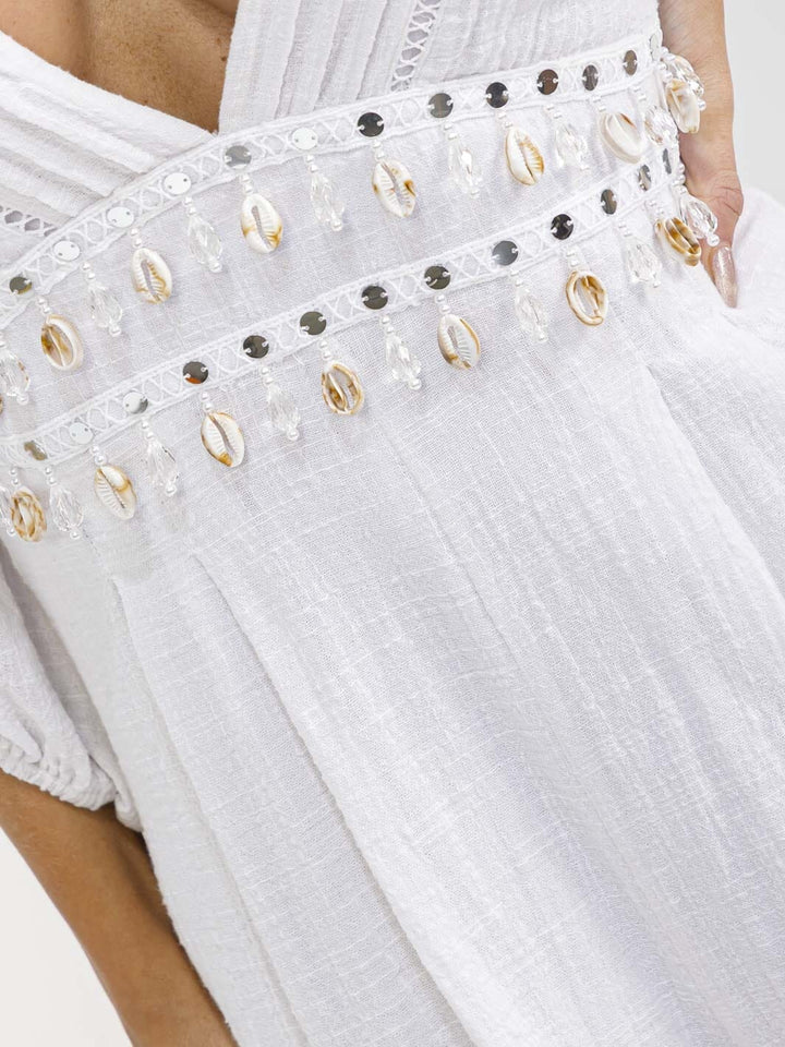 WOMEN'S 3/4 SLEEVE V-NECK WAIST DETAILED OPEN BACK ROMPER